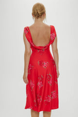 Aurora Satin Floral Midi Dress - Red Rose Brushstroke