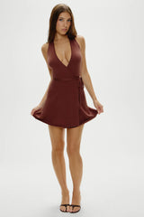 Evening Halter Wrap Mini Dress - Brown Sugar