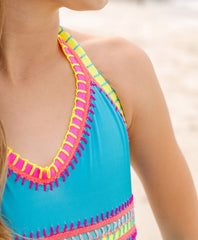 Kids Turquoise Rainbow Embroidered One Piece