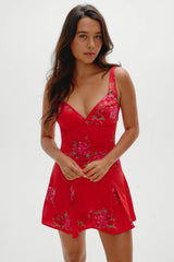 Siren Satin Mini Dress - Red Rose Brushstroke